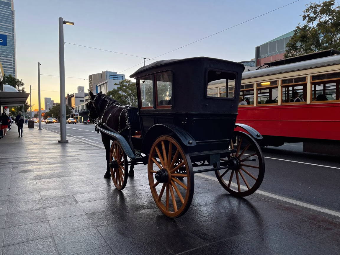Melbourne Tram Stop Morning Scene with Vintage Cart and Ceramic Bowl in in Melbourne, Victoria, Australia