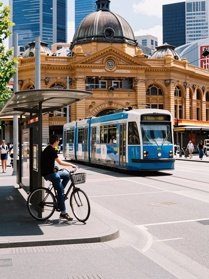 Melbourne Tram Stop Noon Scene with Bicycle and Urban Street Elements in in Melbourne, Victoria, Australia