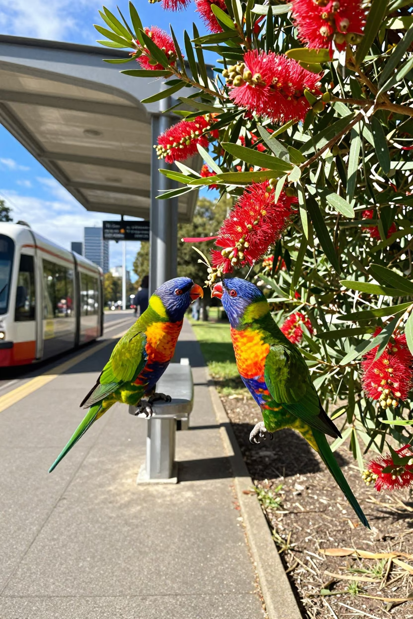 Melbourne Tram Stop Rainbow Lorikeet Feeding on Bottlebrush Flowers in Bright Midmorning Light in in Melbourne, Victoria, Australia