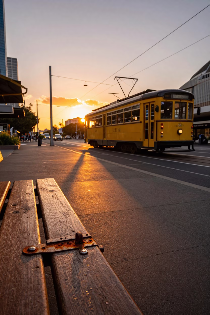 Melbourne Tram Sunset Street Scene with Rusty Hinge and Chestnut Tree Husks in in Melbourne, Victoria, Australia