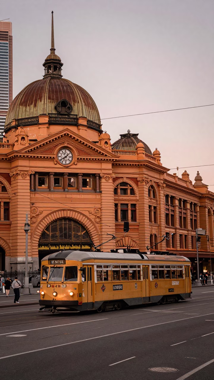 Melbourne Trams and Yarra River at Dusk with Vintage Cars and Pedestrians in in Melbourne, Victoria, Australia