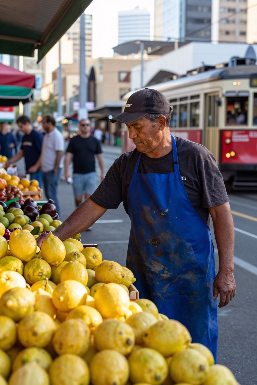 Melbourne Tramway Worker Apron and Lemons at Morning Market in in Melbourne, Victoria, Australia
