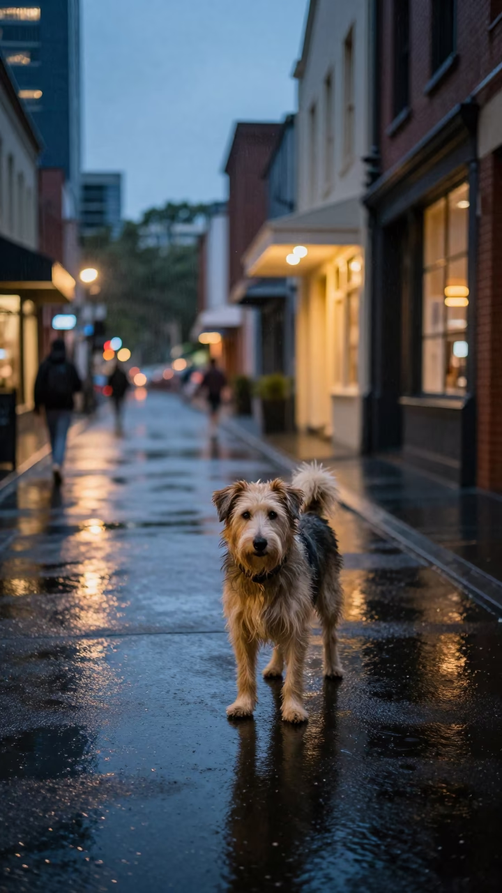 Melbourne Twilight Street Scene with Dog and Rain Puddles in in Melbourne, Victoria, Australia