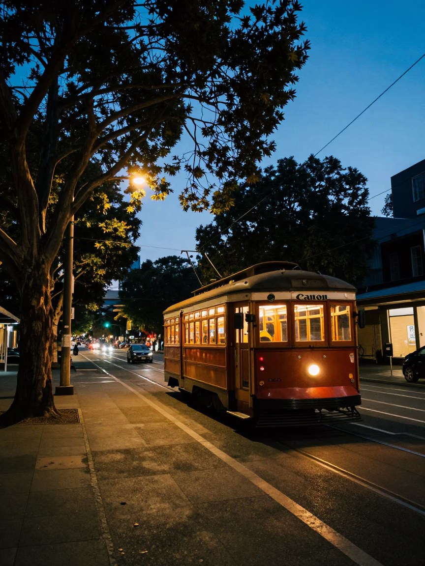 Melbourne Twilight Street Scene with Old Trolley and Tree Lined Avenue in in Melbourne, Victoria, Australia