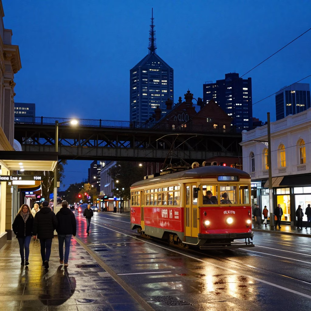 Melbourne Twilight Street Scene with Railway Viaduct and Classic Bus in in Melbourne, Victoria, Australia