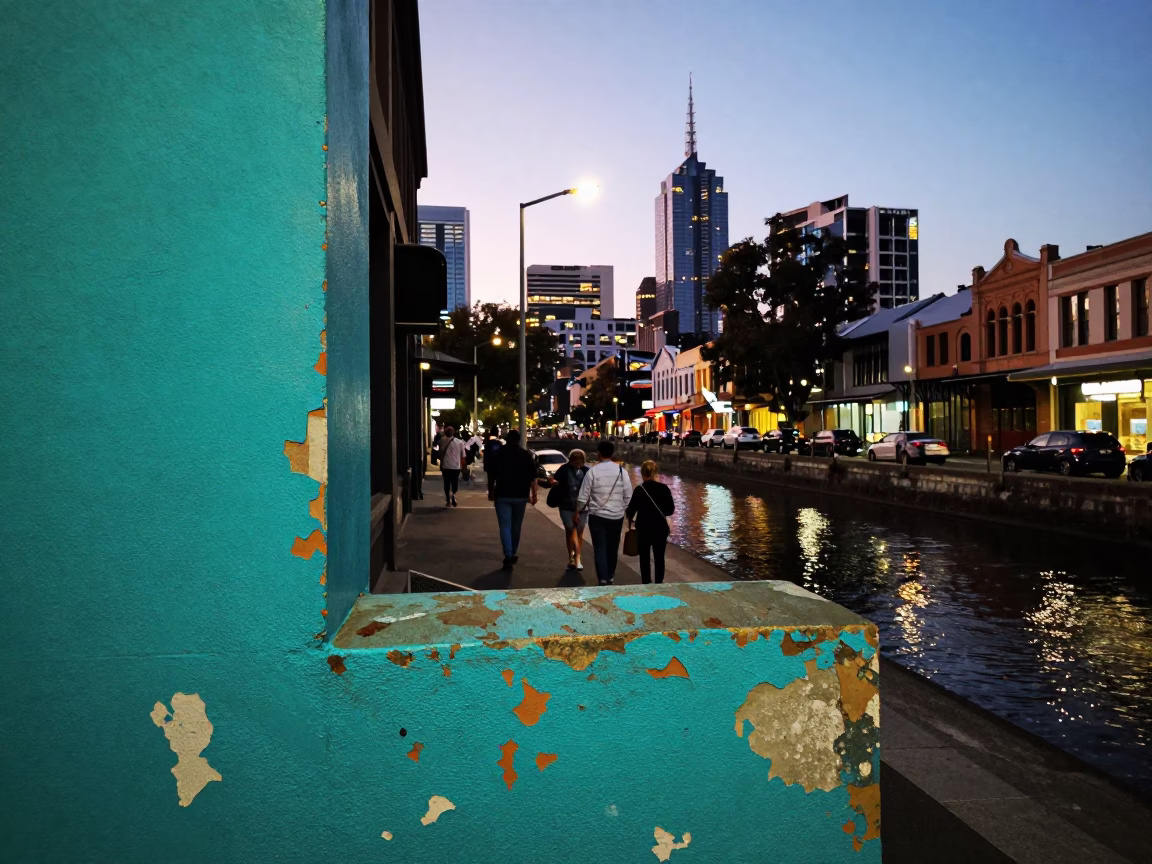 Melbourne Twilight Street Scene with Turquoise Paint and Canal Barge in in Melbourne, Victoria, Australia