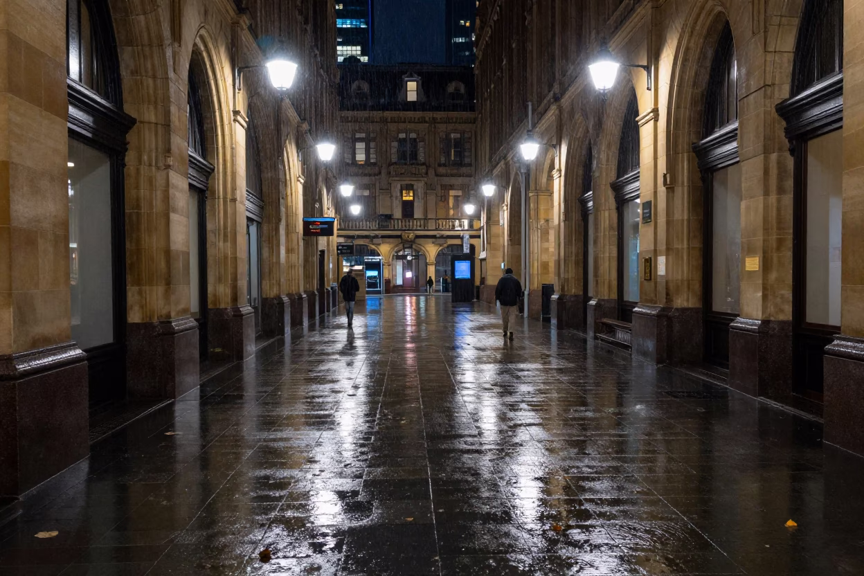 Melbourne University Arcade Night Rain Wet Leaves Skittering Between Columns in in Melbourne, Victoria, Australia