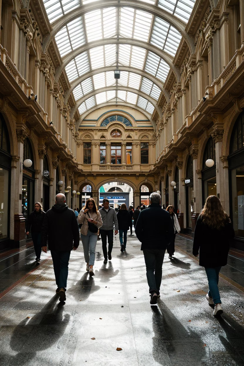 Melbourne University Arcade Noon Light Wet Leaves Skittering Between Columns in in Melbourne, Victoria, Australia