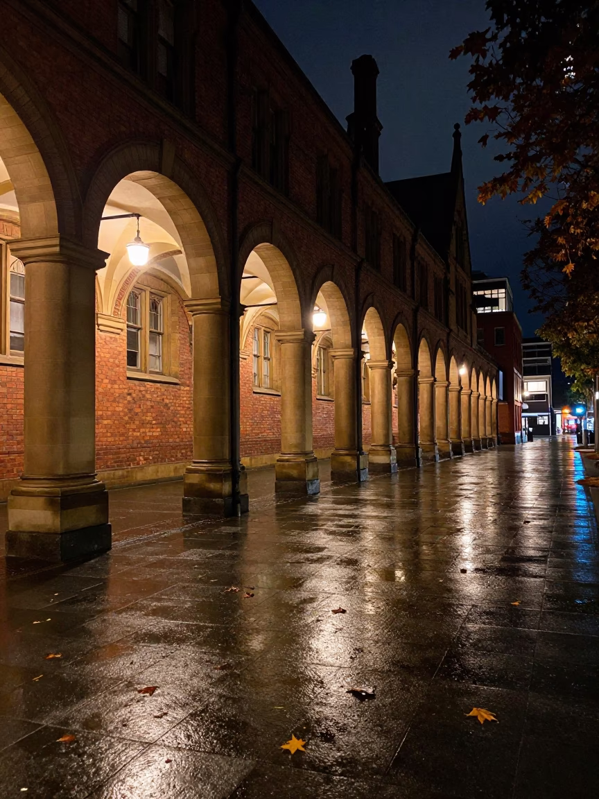 Melbourne University Arcade Wet Leaves Skittering Columns Night 1970s in in Melbourne, Victoria, Australia