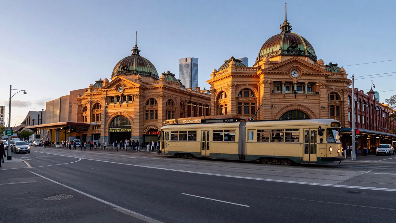 Melbourne Victoria Australia Dawn Street Scene with Tram and Morning Commuters in in Melbourne, Victoria, Australia