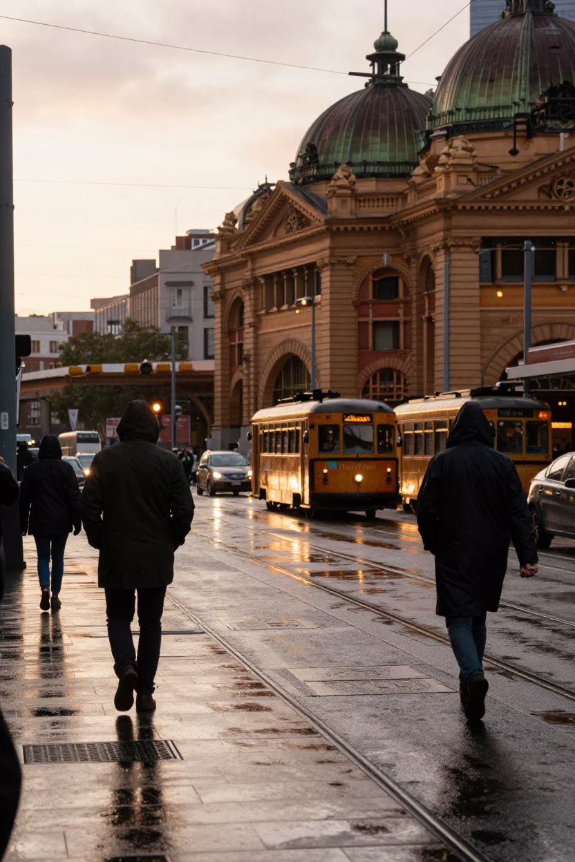 Melbourne Victoria Australia First Light Dawn Street Scene with Raincoats and Umbrellas in in Melbourne, Victoria, Australia