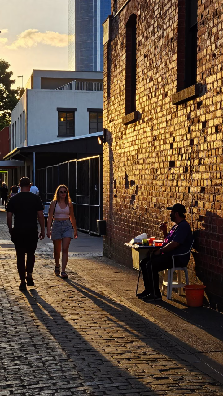 Melbourne Victoria Australia honeyed evening light candid street photography moment in in Melbourne, Victoria, Australia