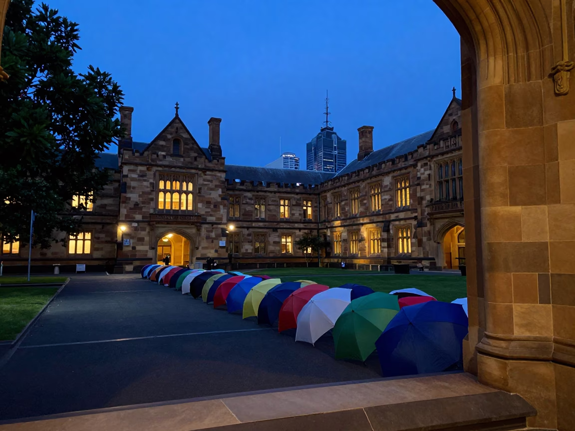 Melbourne Victoria Australia indigo twilight street scene with university courtyard and umbrellas in in Melbourne, Victoria, Australia