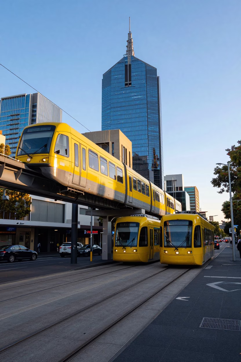 Melbourne Victoria Australia Late Afternoon Street Scene with Monorail and Glass Towers in in Melbourne, Victoria, Australia