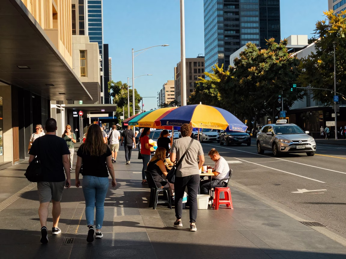 Melbourne Victoria Australia Late Afternoon Street Scene with Umbrellas and Urban Life in in Melbourne, Victoria, Australia