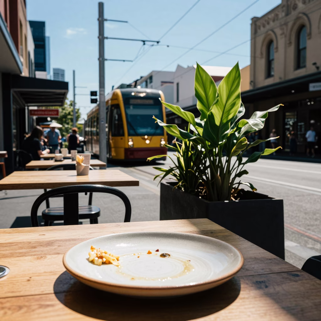 Melbourne Victoria Australia Noon Street Scene with Ceramic Plate and Houseplant in in Melbourne, Victoria, Australia