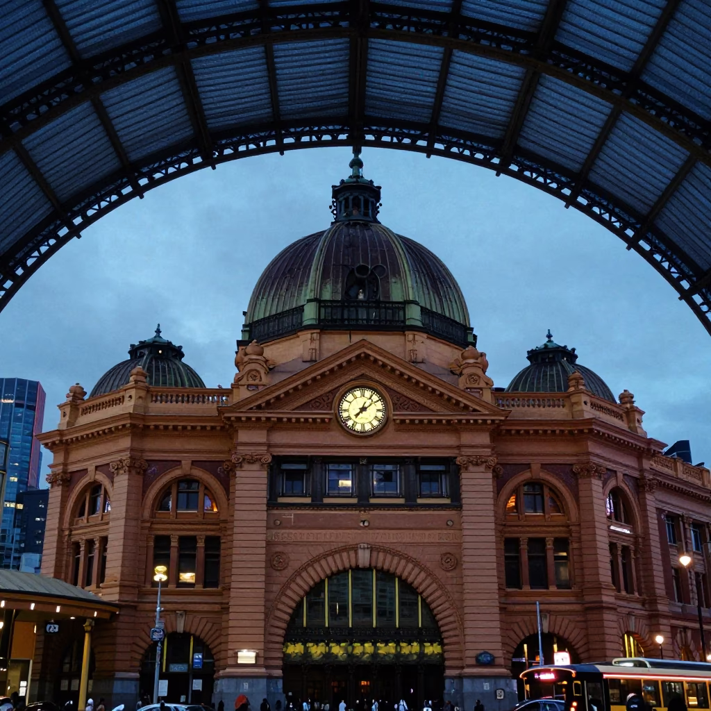 Melbourne Victoria Australia Pre-Dawn Train Station Clock Under Vaulted Iron Roof in in Melbourne, Victoria, Australia