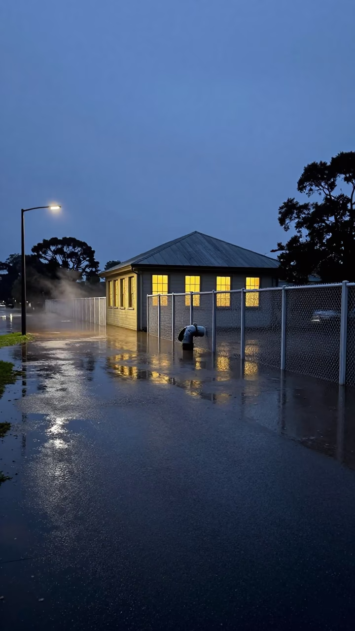 Melbourne Victoria Australia Predawn Levee Pump House Glow Over Floodwater Street Scene in in Melbourne, Victoria, Australia