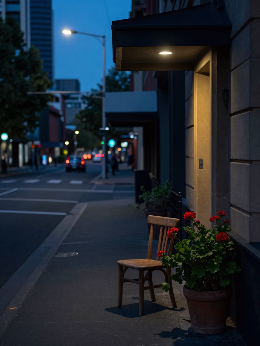 Melbourne Victoria Australia Predawn Street Scene with Chair and Geraniums in in Melbourne, Victoria, Australia
