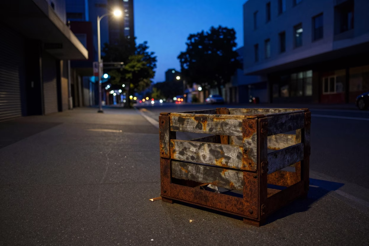Melbourne Victoria Australia predawn street scene with rusted metal crate and succulents in in Melbourne, Victoria, Australia
