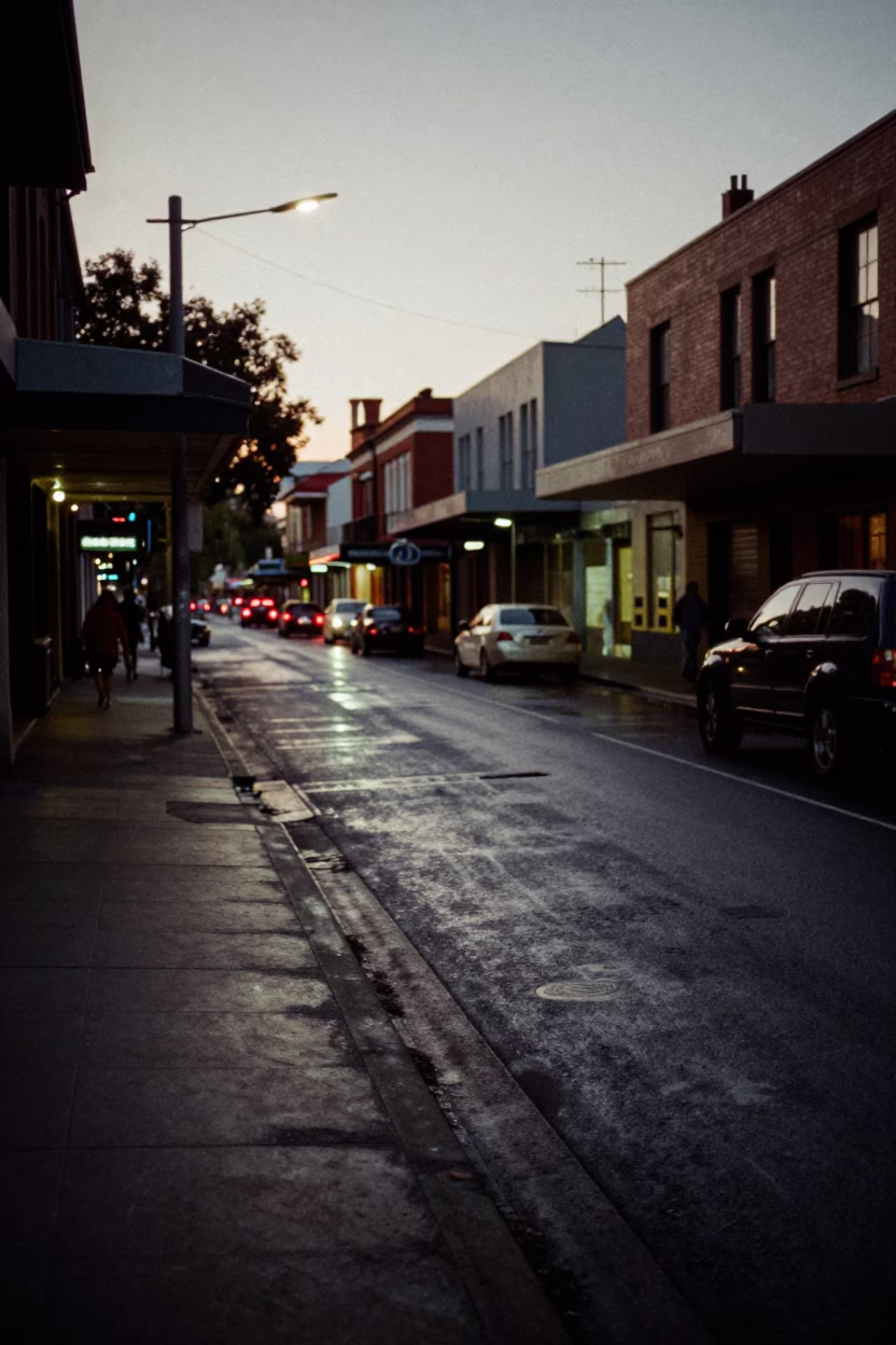 Melbourne Victoria Australia Predawn Street Scene with Vintage 1970s Aesthetic and Urban Details in in Melbourne, Victoria, Australia