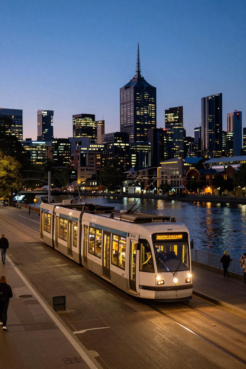 Melbourne Victoria Australia Twilight Street Scene with Tram and City Skyline in in Melbourne, Victoria, Australia