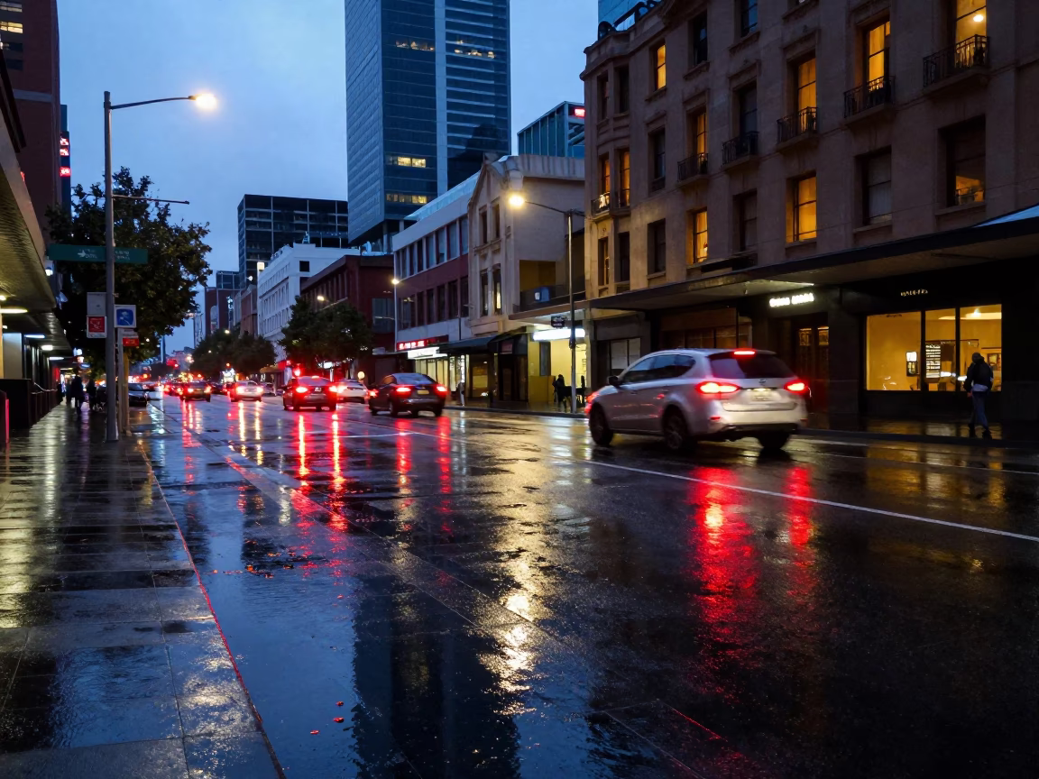 Melbourne Victoria Early Evening Street Scene With Puddle Reflections And Tail Lights in in Melbourne, Victoria, Australia