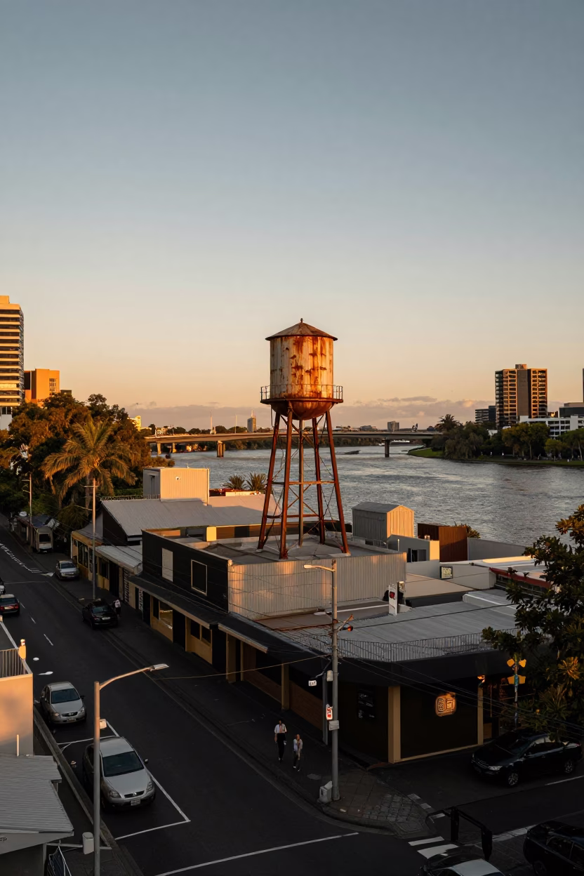 Melbourne Victoria Honeyed Evening Light Street Scene with Cable Stayed Bridge and Water Tower in in Melbourne, Victoria, Australia