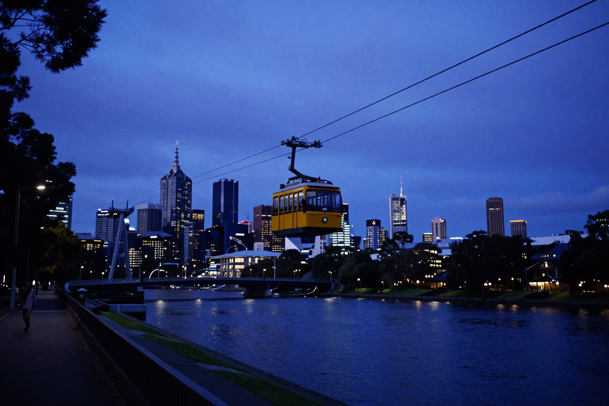 Melbourne Victoria Indigo Twilight Street Scene with Cable Car and Urban Infrastructure in in Melbourne, Victoria, Australia