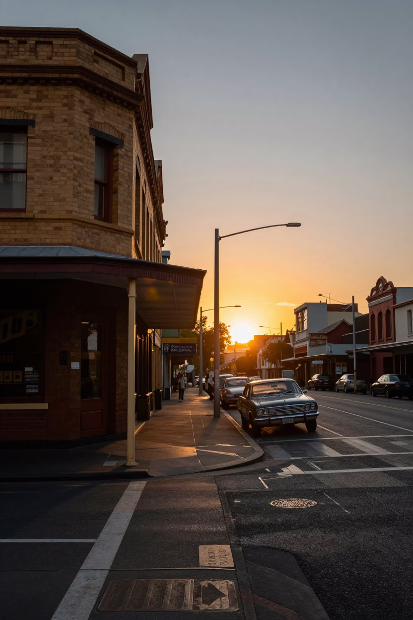 Melbourne Victoria Sunset Street Scene with Vintage 1980s Aesthetic and Local Architecture in in Melbourne, Victoria, Australia