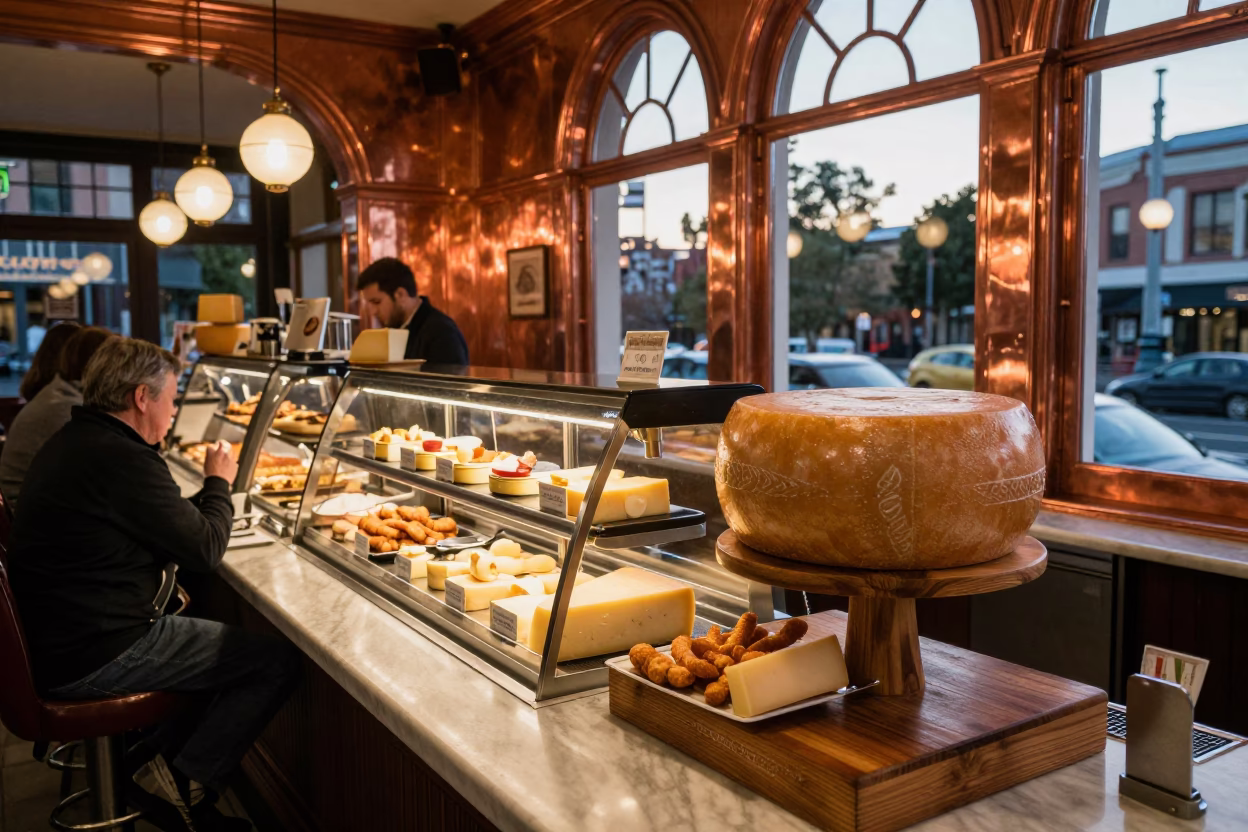Melbourne Victorian Arcade Diner Counter Cheese Display and Schnitzel Meal Before Dusk in in Melbourne, Victoria, Australia