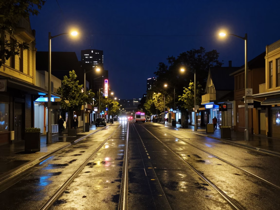 Melbourne Victorian Street Night with Tram Tracks and Neon Reflections in in Melbourne, Victoria, Australia