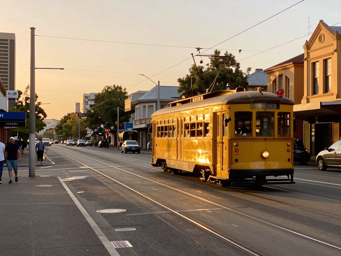Melbourne Victorian Street Scene at Golden Hour with Vintage Cars and Tram in in Melbourne, Victoria, Australia