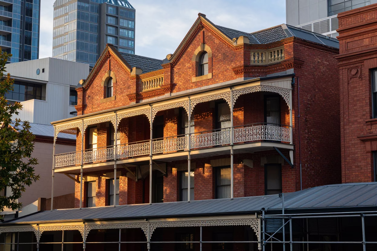 Melbourne Victorian Terrace Morning Light and Urban Scaffolding at Dawn in in Melbourne, Victoria, Australia