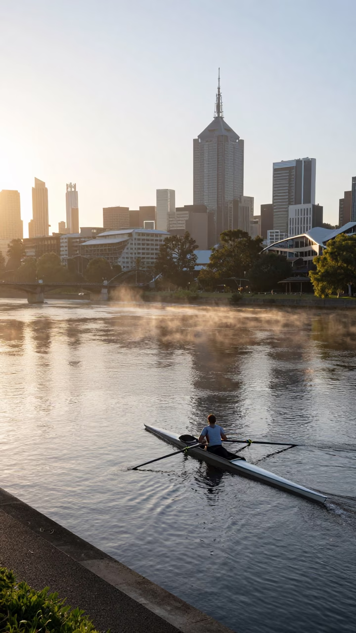 Melbourne Yarra River Morning Light with Rowing Boat and Urban Skyline Reflections in in Melbourne, Victoria, Australia