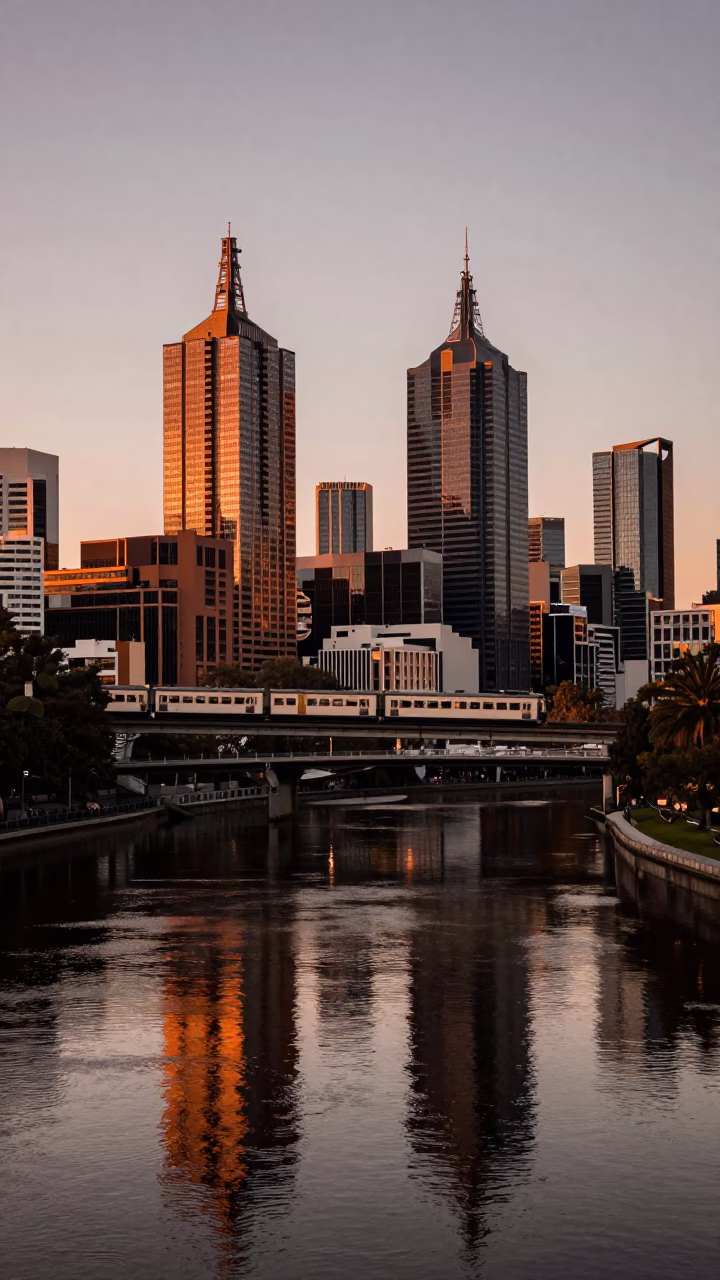 Melbourne Yarra River Skyline at Dusk with Monorail Reflection and Tram in in Melbourne, Victoria, Australia