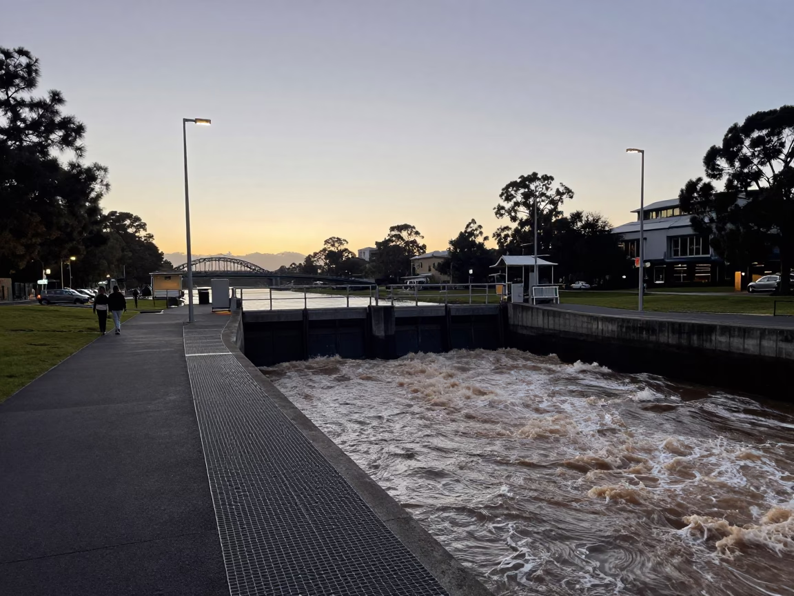 Melbourne Yarra River Sluice Gate Walkway Before Sunrise in Victoria Australia in in Melbourne, Victoria, Australia