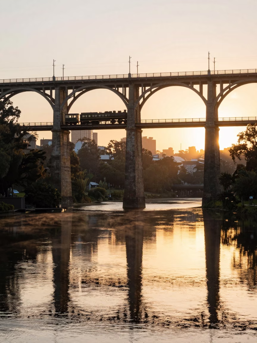 Melbourne Yarra River Sunrise Viaduct Railway Reflections Early Morning Light in in Melbourne, Victoria, Australia