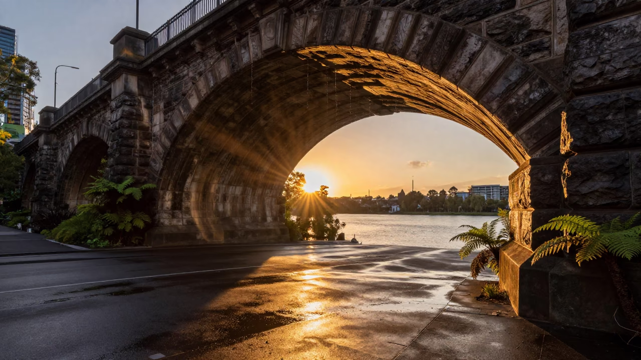 Melbourne Yarra River Viaduct Arch Undercroft at Sunset with Dripping Water and Ferns in in Melbourne, Victoria, Australia