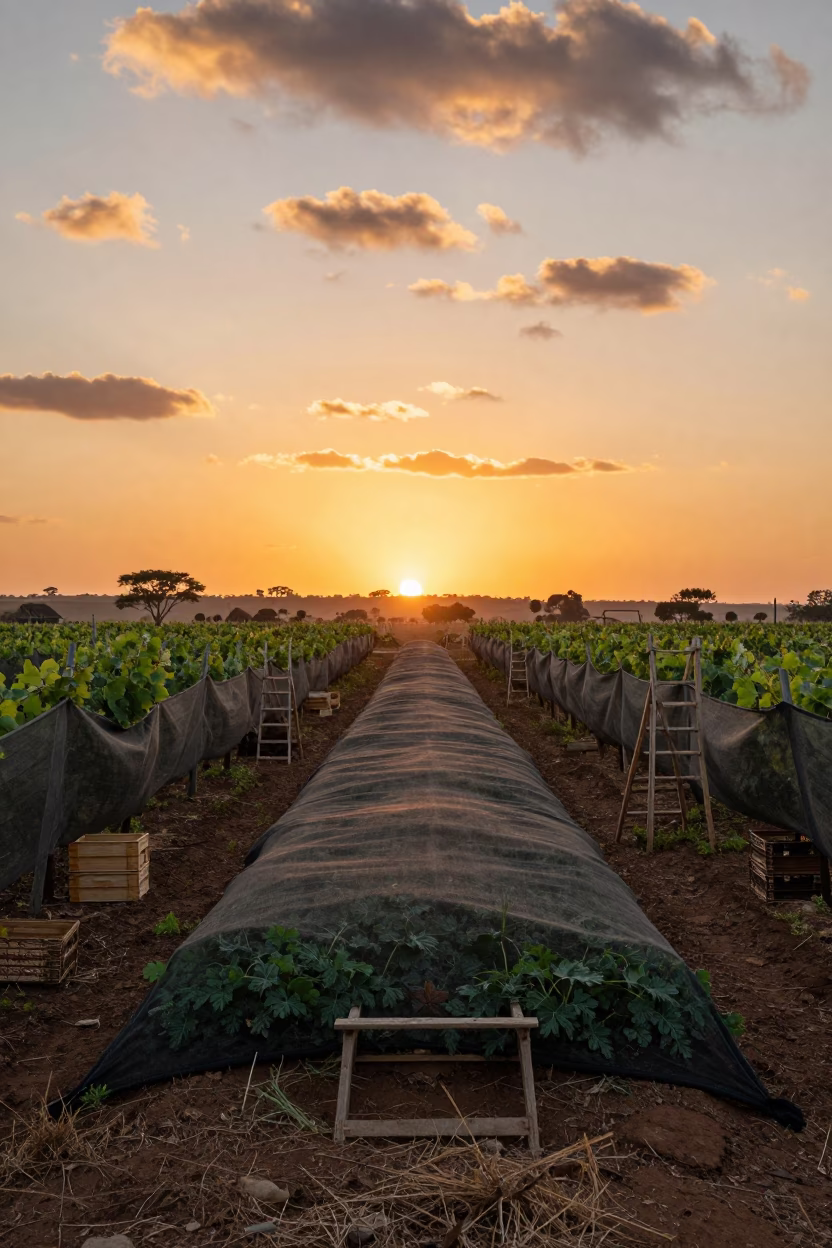 Melon Nets Under Orange Sunset Light in among orchard ladders and crates in South Africa