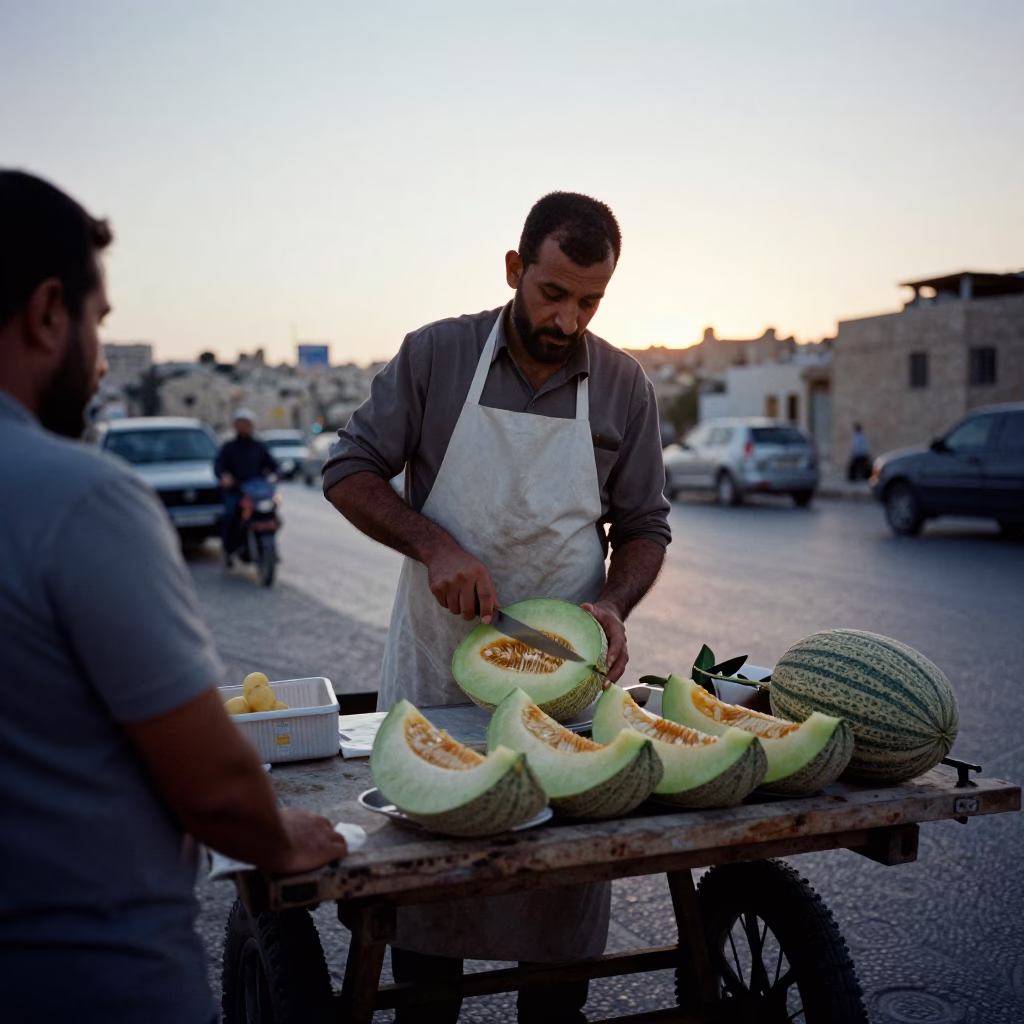 Melon Slices in Amman at The Still Hours Before Dawn Light in in Amman, Jordan