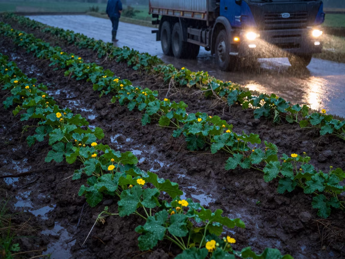 Melon Vines Under Dawn Headlights in Portugal in among terraced rice paddies in Portugal