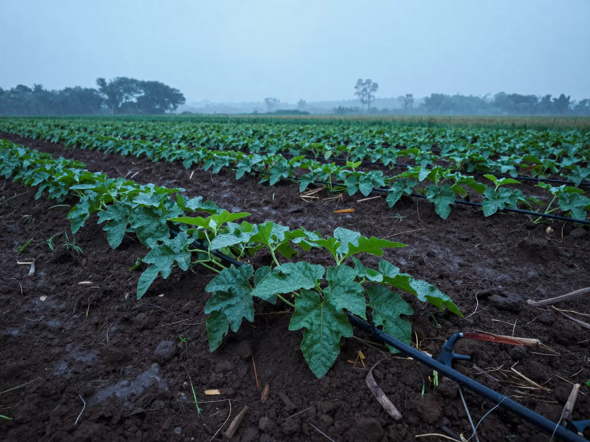 Melon Vines Dawn Rain Burundi Field in across a harvested grain field in Burundi