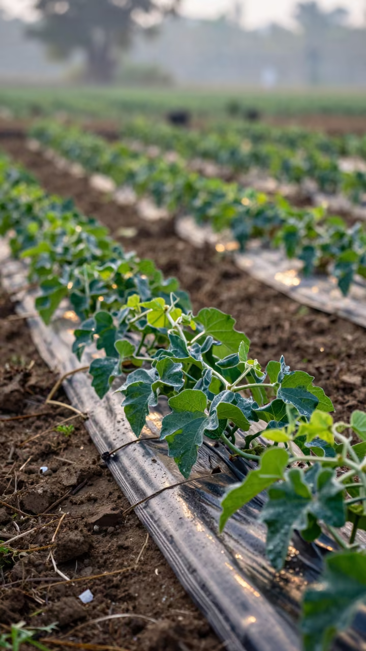 Melon Vines Drip Irrigation Before Dawn in along freshly irrigated rows in Cox's Bazar