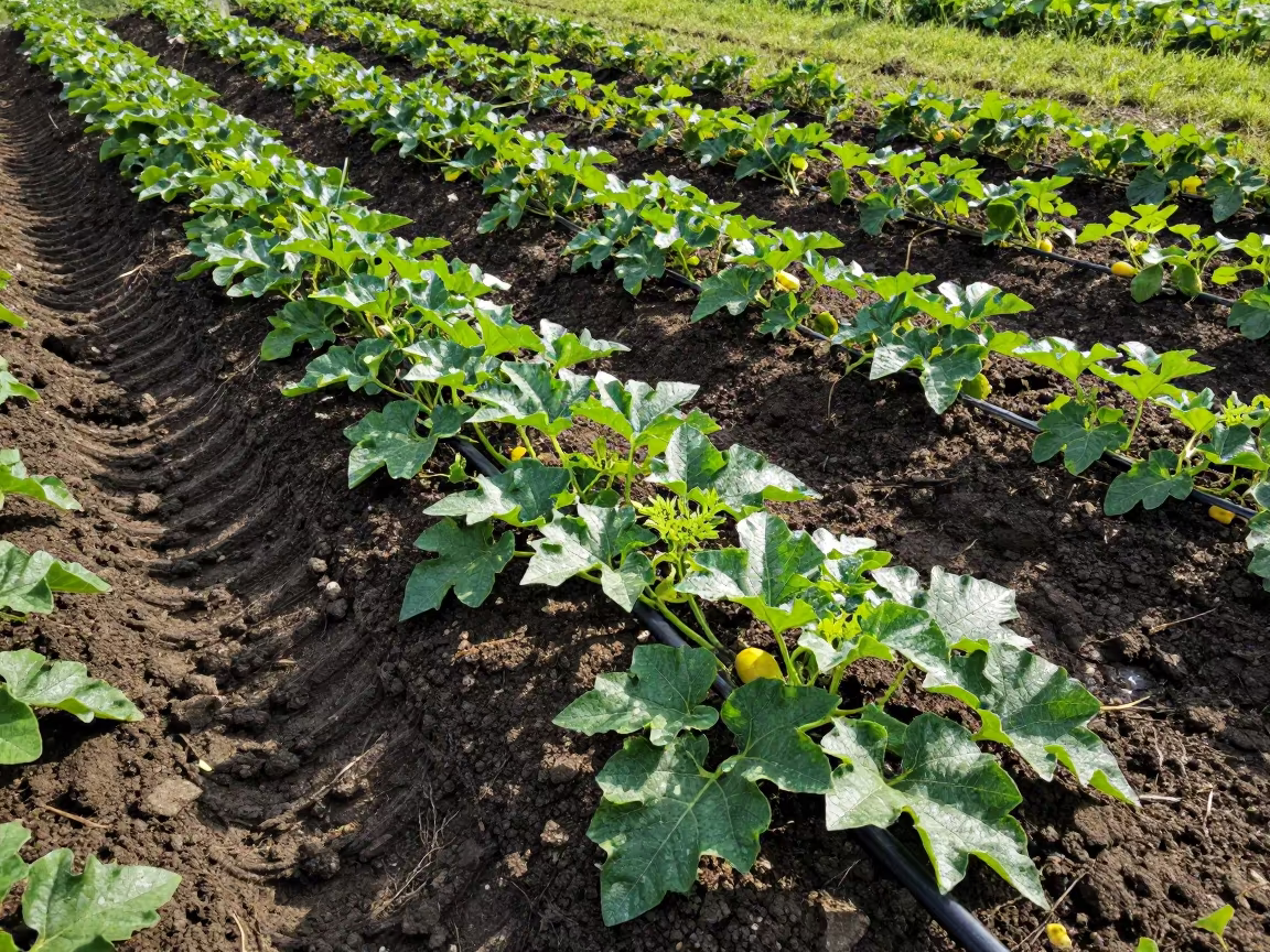 Melon Vines Drip Irrigation Connecticut Farm in beside a tractor track through dark soil in Connecticut