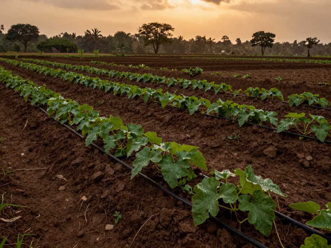 Melon Vines Drip Irrigation Guinea Sunset in among terraced rice paddies in Guinea