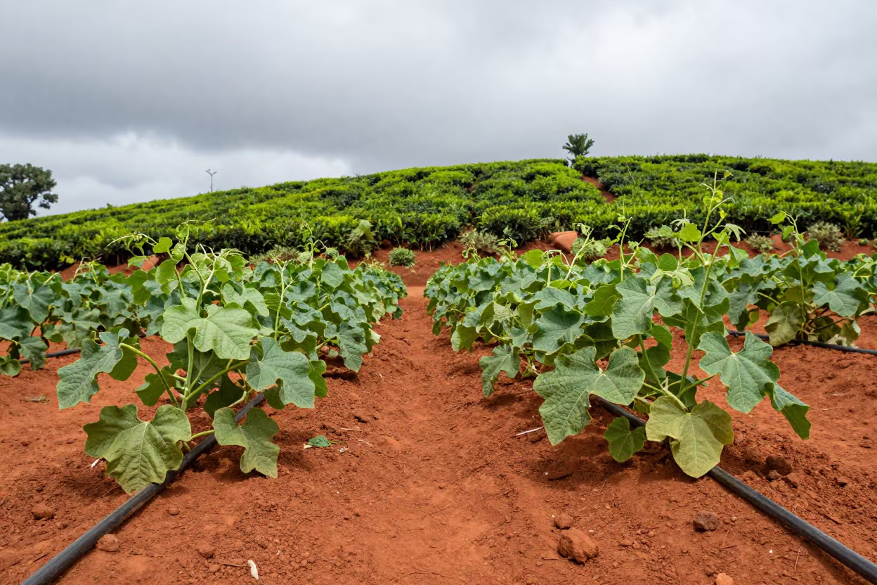 Melon Vines Drip Irrigation Senegal in at the edge of a tea plantation in Senegal