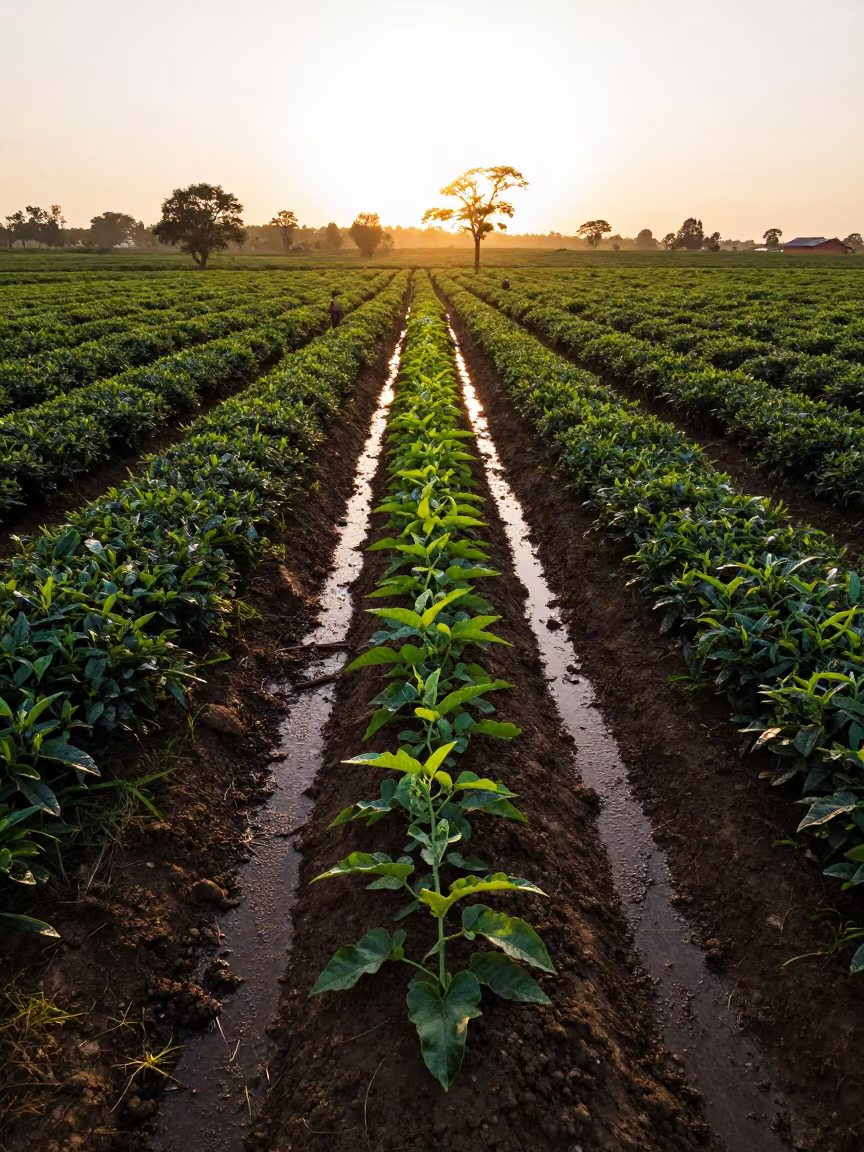 Melon Vines Between Furrows After Flood in at the edge of a tea plantation in Monrovia