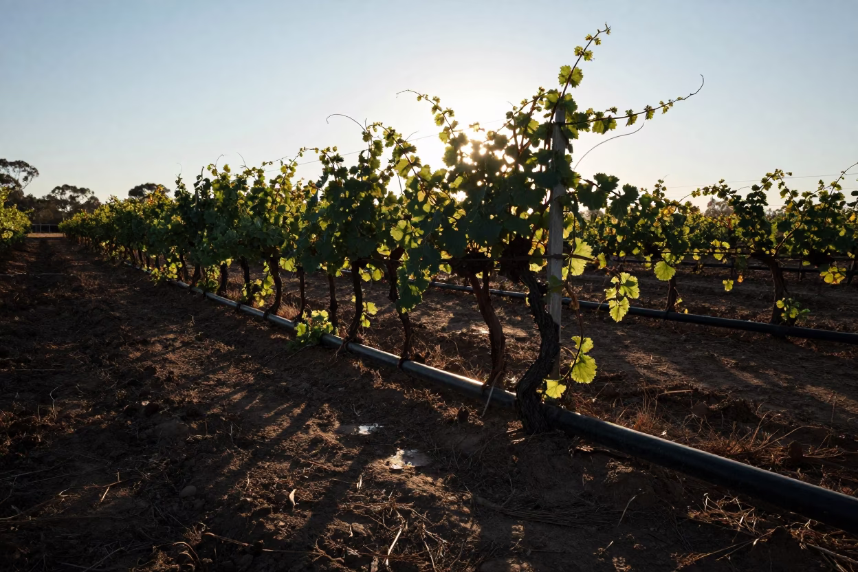 Melon Vines on Irrigation Pipe at Dawn in between vineyard trellises in Australia