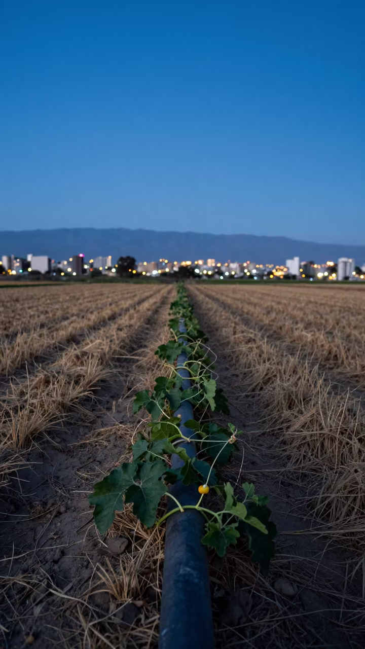 Melon Vines on Irrigation Pipe in Santiago Field in across a harvested grain field near Santiago
